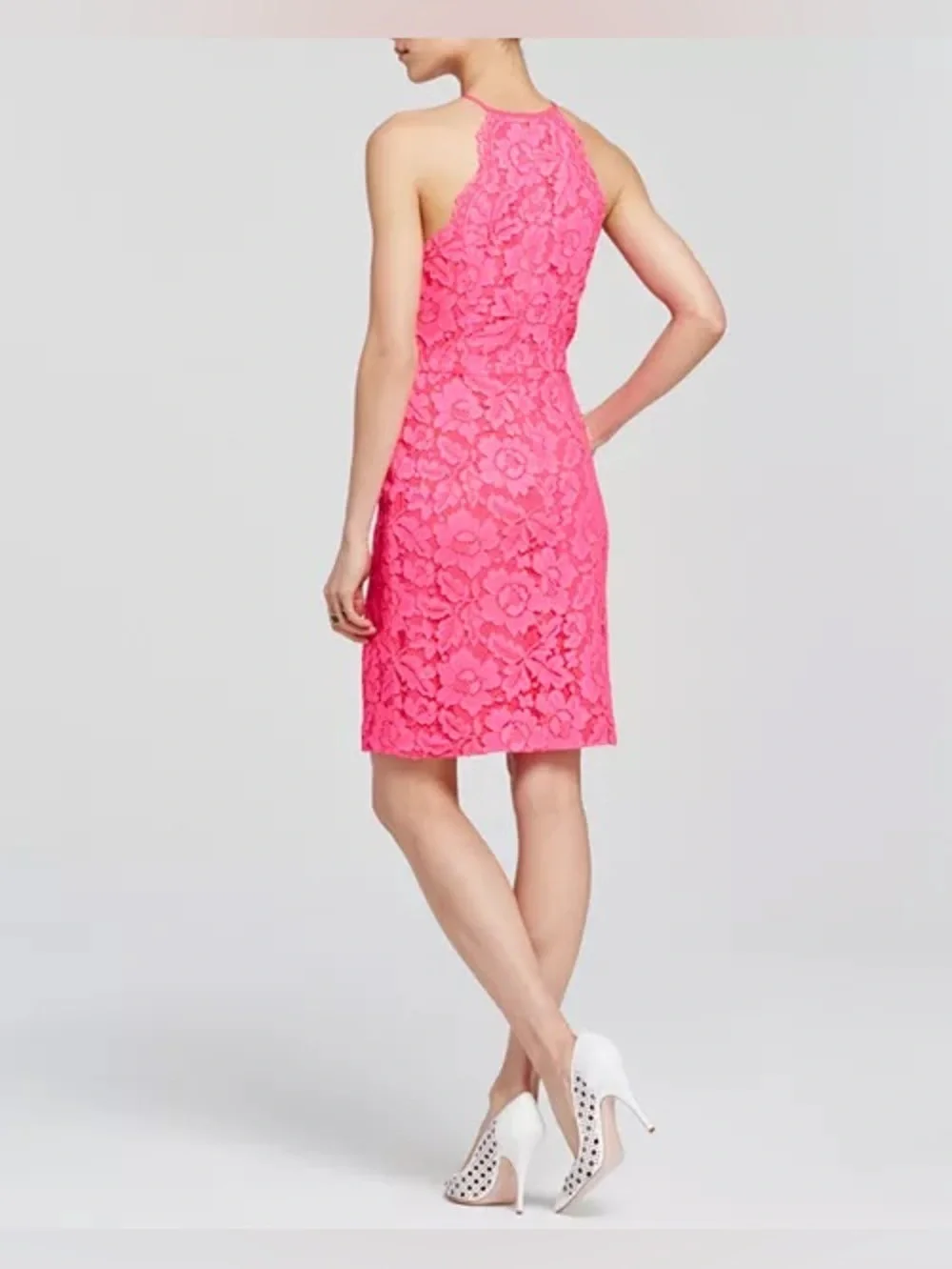 🩷 Trina Turk Fuchsia Lace Sheath Dress ✨ Sleeveless High Neck Racerback Size S - Picture 3 of 6